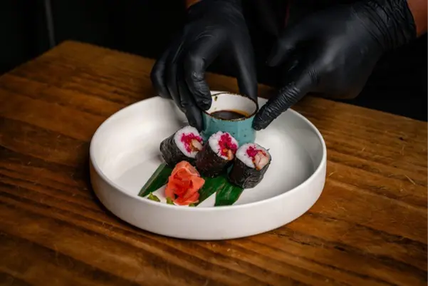 Chicken Tikka Sushi served at BlendHouse, an Indian restaurant in Utrecht, where Indian food meets global culinary techniques.