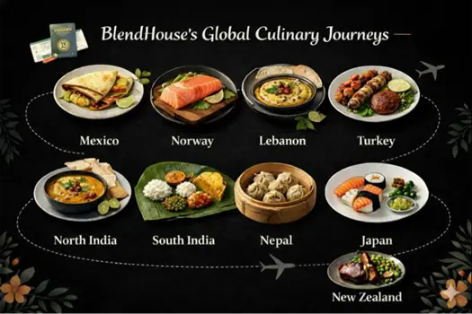Visual showing the global regions that inspire BlendHouse’s Indian cuisine in Utrecht.